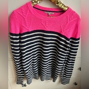 Gap Hot Pink Navy and White Cable Knit Striped Sweater